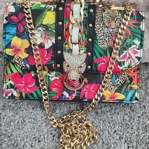 Tropical Print Crossbody Bag with Gold Chain